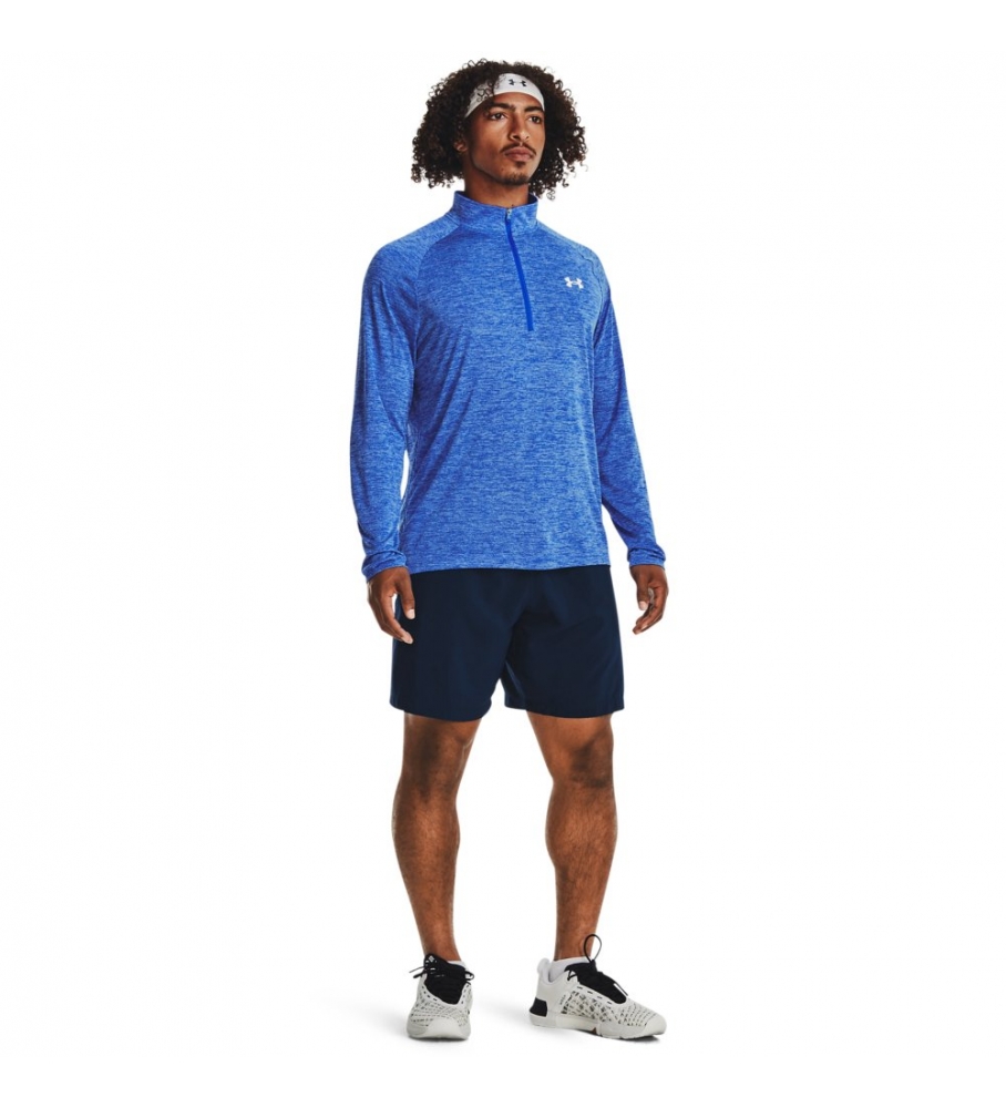 Camiseta de manga comprida Under Armour UA Tech com zíper até a metade, azul.
