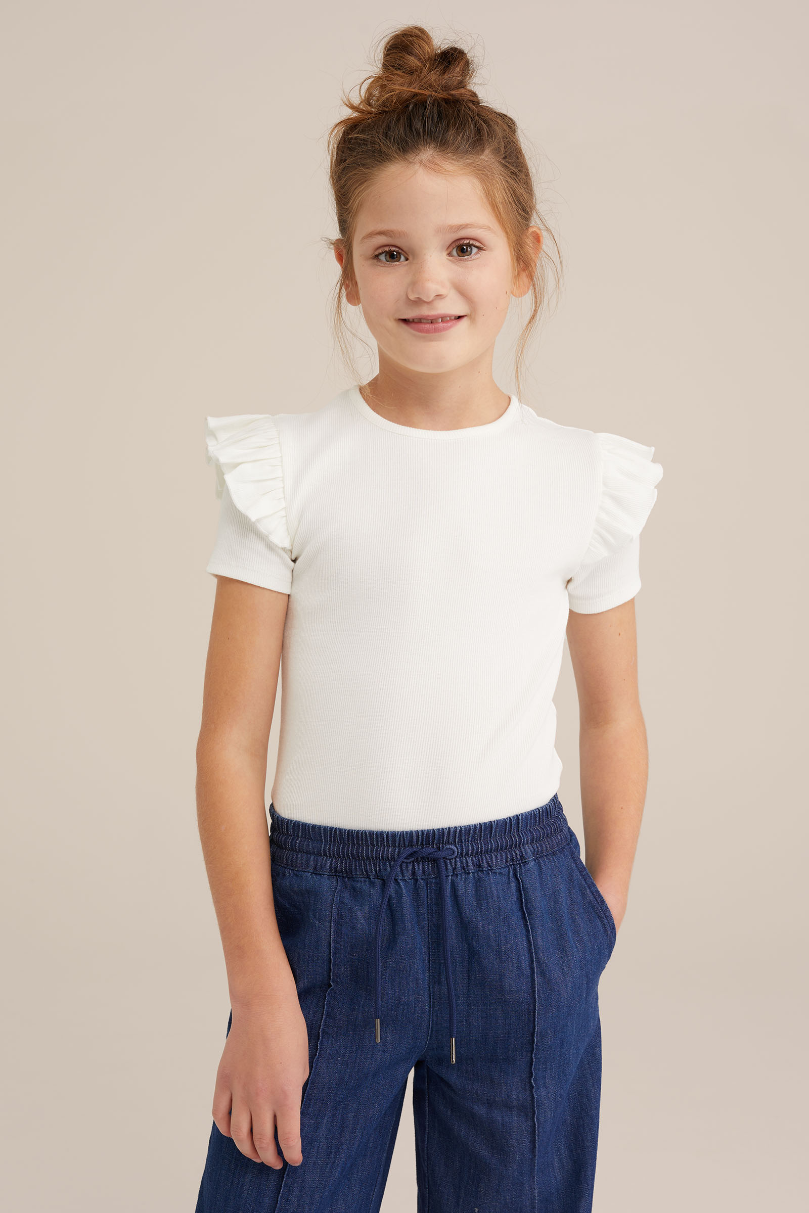 Meisjes T-shirt met ruches WE Fashion Wit
