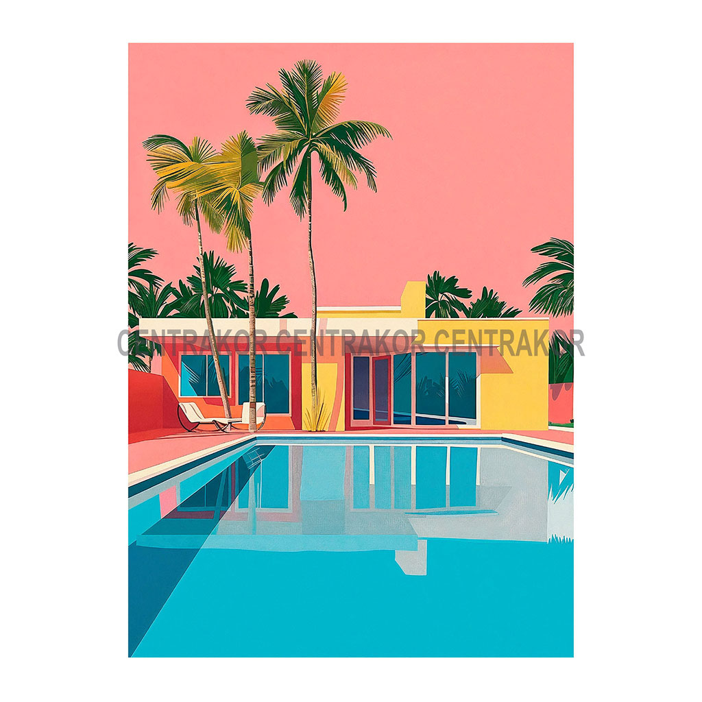 Affiche déco piscine palmiers art rétro 30x40cm