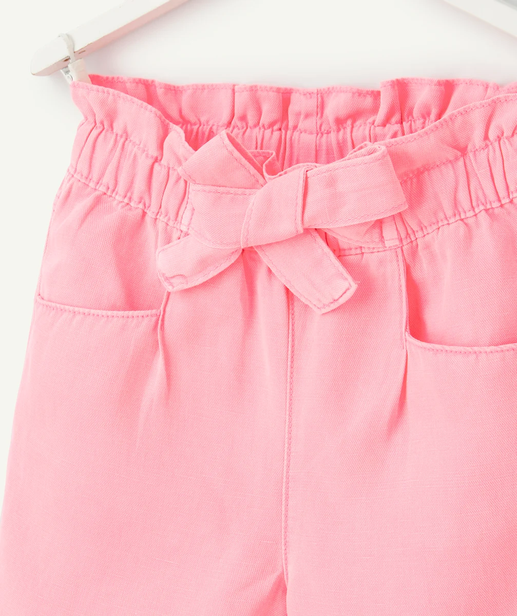 short droit fille en viscose responsable rose fluo avec noeud