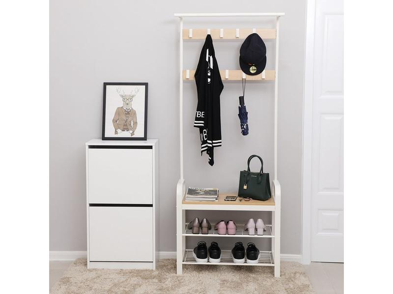 VASAGLE Garderobe mit Schuhablage 183 cm, Nature/Weiss Kleiderständer mit Sitzbank