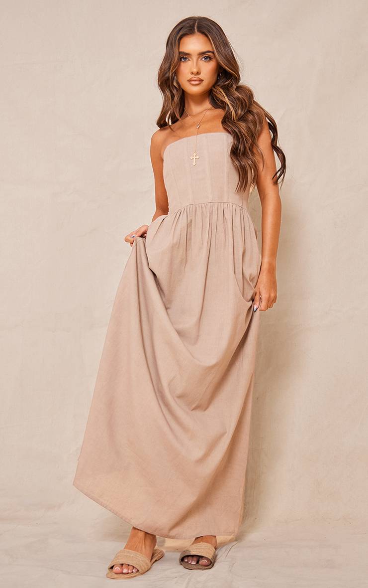 Gris Pierre Robe Maxi Bandeau Corset Aspect Lin