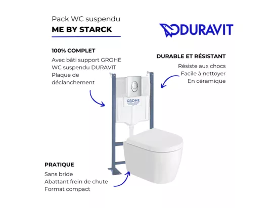 Pack WC suspendu sans bride compact DURAVIT Me by Starck + bâti support GROHE Rapid SL Projet + abattant + plaque blanc