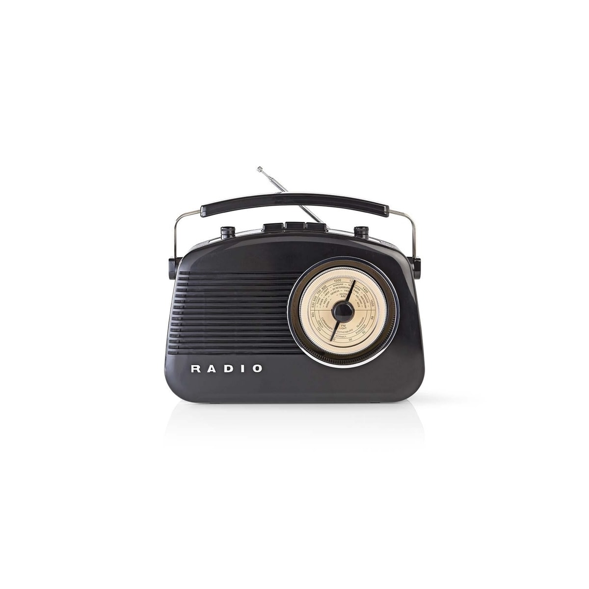 Nedis FM-radio | Bord design | AM / FM | Batteri drevet / Nettstrøm drevet | Analog | 4.5 W | IP20 | Bære håndtak | Sort