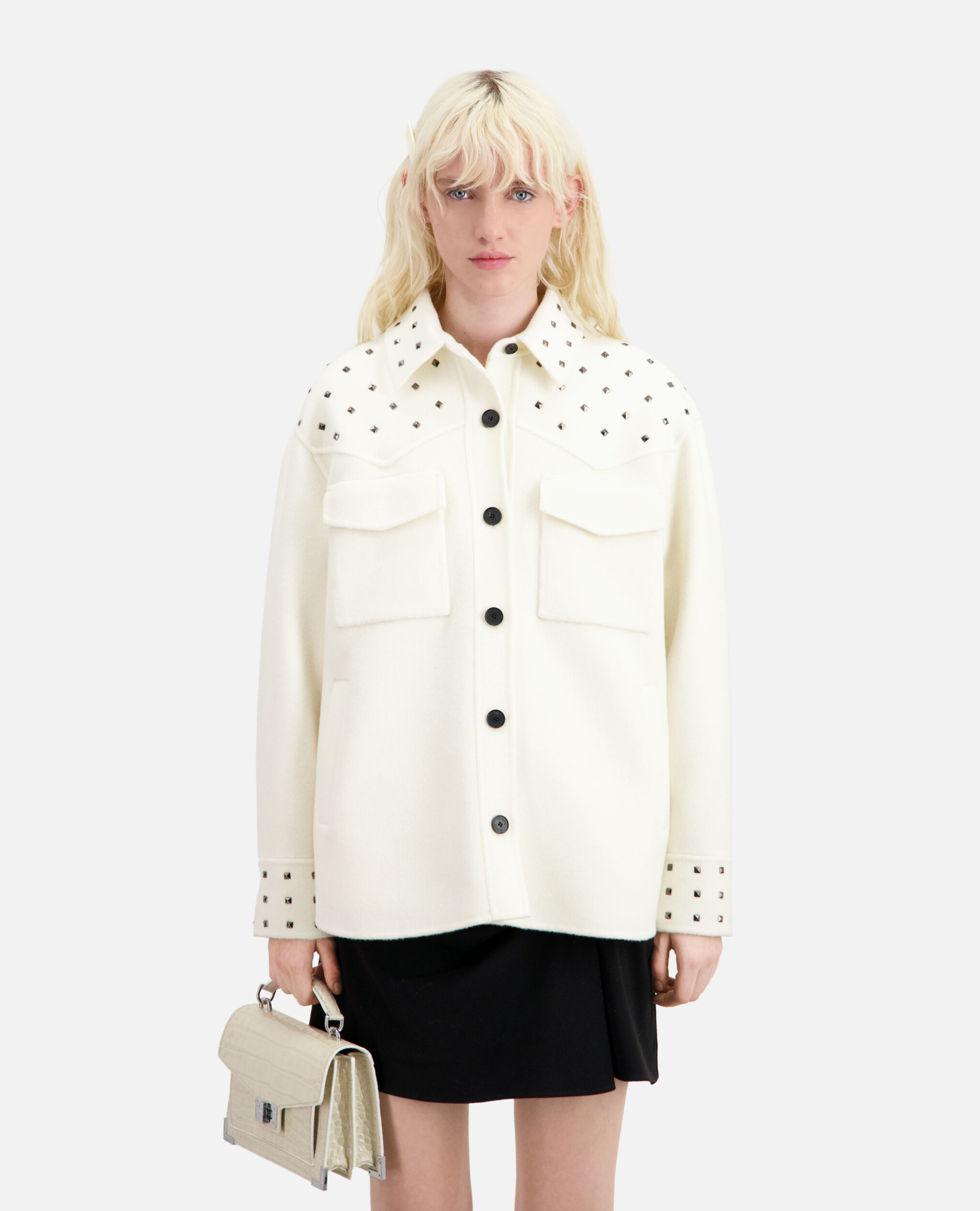 Ecru wool-blend overshirt-style jacket with studs