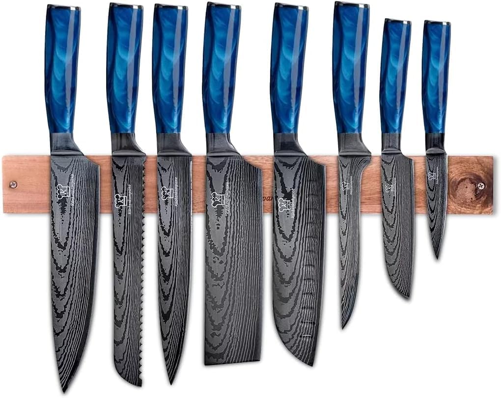KÜCHENKOMPANE – Edelstahl Messerset Shiburu mit magn. Messerleiste als Messerblock | 8-teiliges Küchenmesser Set im Damast Design | Kochmesser mit ergonomischen Epoxid-Griff | Designed in Germany