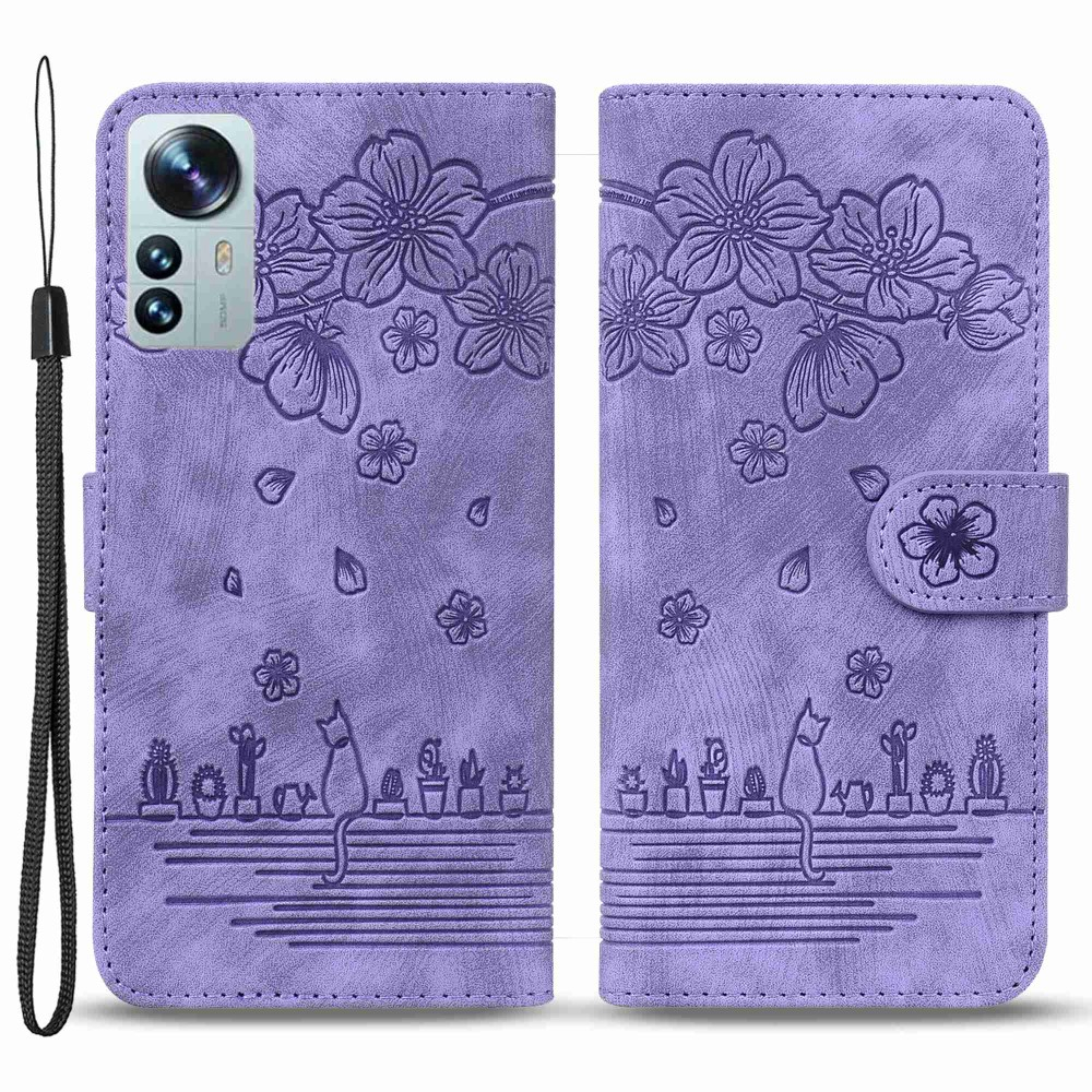 Xiaomi 12 Leder Tasche Flip Cover Katze & Blumen Imprint - Lila