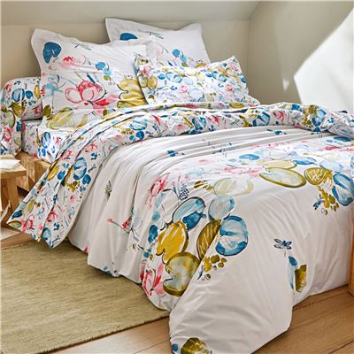 Linge de lit percale fleurs et feuilles de nénuphars multicolores