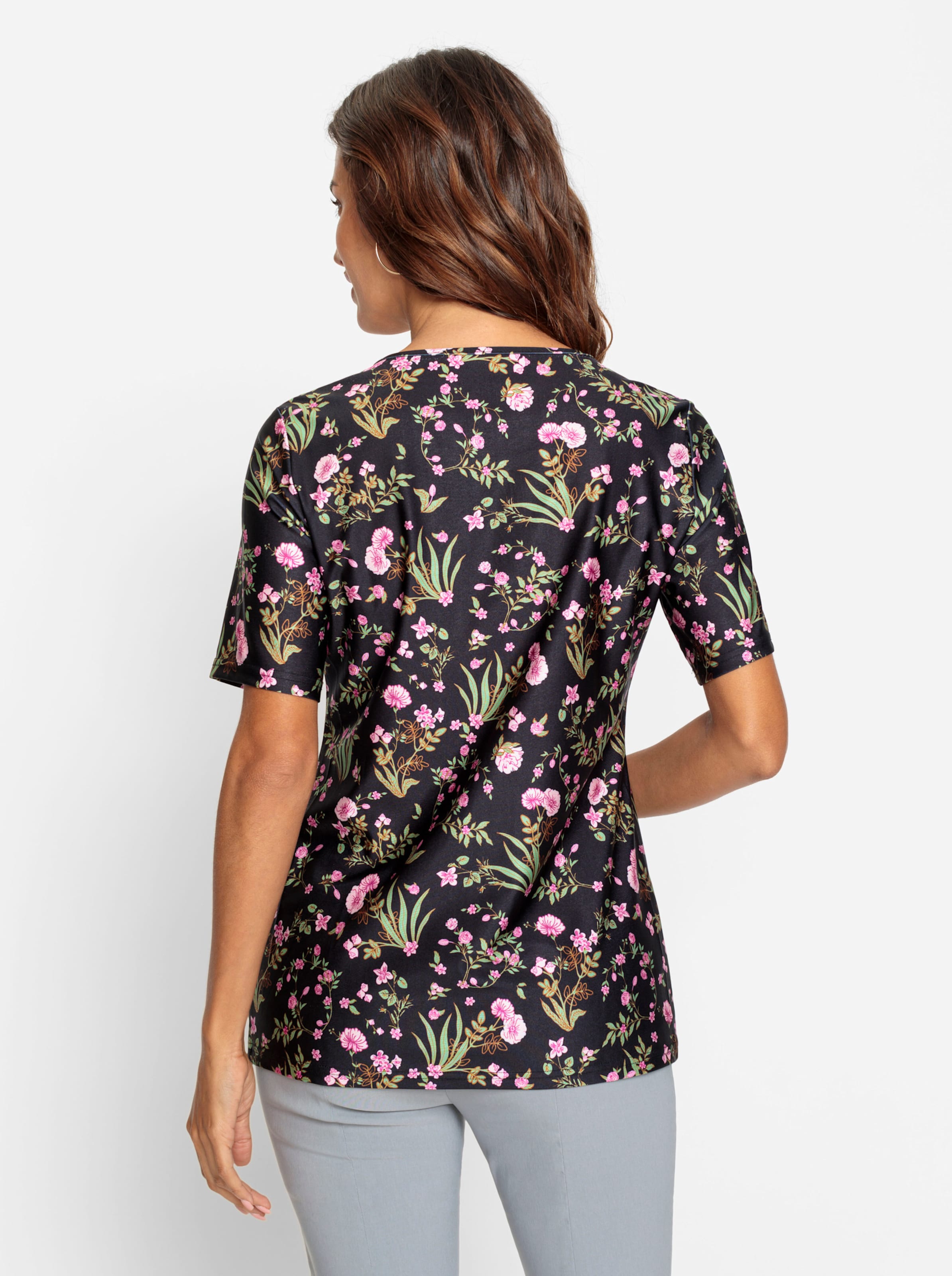 Tunikashirt in schwarz-rosé-bedruckt