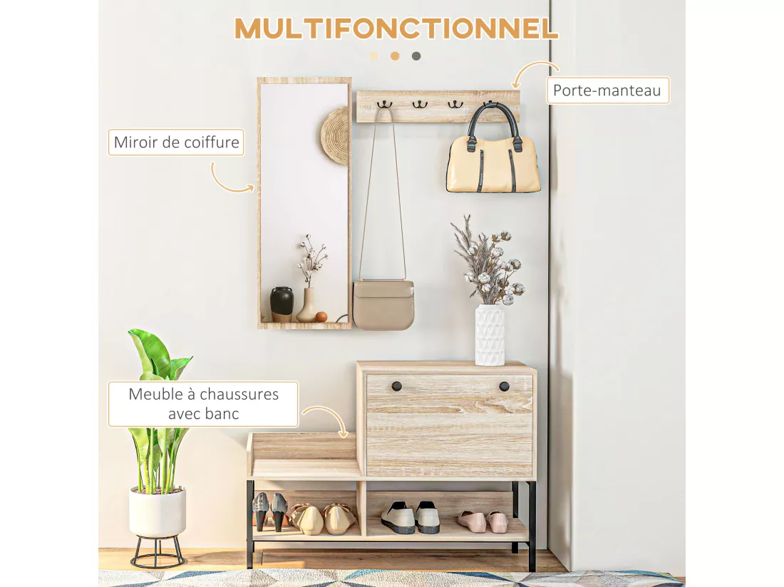 Ensemble de meubles d'entrée - organisateur d'entrée - meuble à chaussures, 4 patères doubles, 3 étagères - noir aspect chêne clair