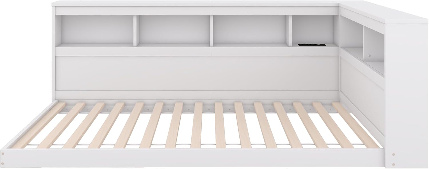 Daybett Einzelbett Bett 90x200 cm Kinderbett, Tagesbett Bodenbett mit Stauraum Regale & Ladebuchse, Holzbett Jugendbett Funktionsbett, Bettgestell mit Lattenrost, Ohne Matratze (Weiß)