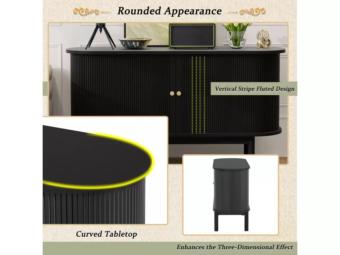 Buffet bas moderne avec 2 portes coulissantes - 138 x 43 x 75 cm - Forme ovale - Bois MDF + pieds en pin - Noir