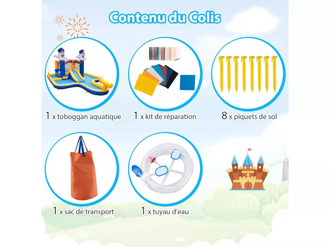 7 en 1 Château Gonflable en Forme Requin avec Toboggan & Jeu de Boxe, Aire de Jeux Gonflable avec Maison de Saut & Piscine, Charge 90kg pour 2 Enfants de 3-10 Ans, 578 x 408 x 250 CM