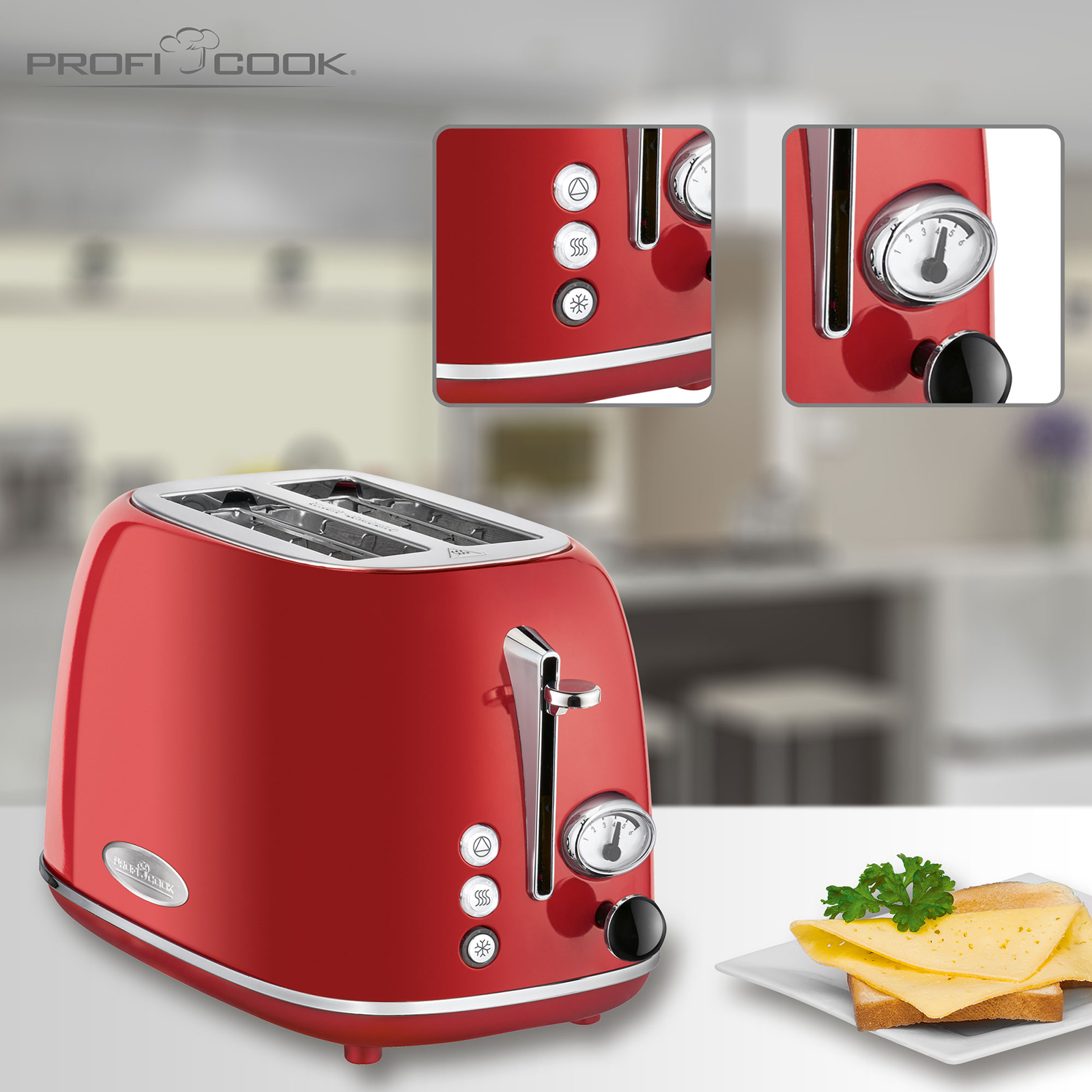 PROFICOOK 2 Scheiben-Toaster - rot-Edelstahl - mit Krümelschublade