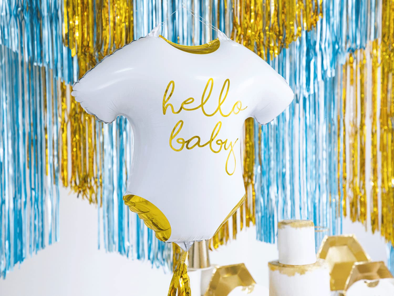 (2er Set) 62x55cm Hello Baby Party Deko Folien Ballon Strampler Luftballon für Baby Shower / Geburt - Weiss / Gold