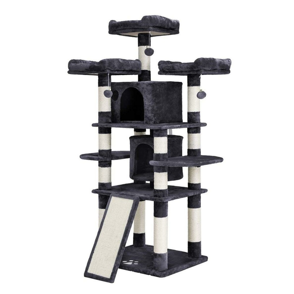Arbre à chat avec 3 plate-formes d'observation 2 grottes troncs épais en sisal planche à griffer stable hauteur 172 cm gris f