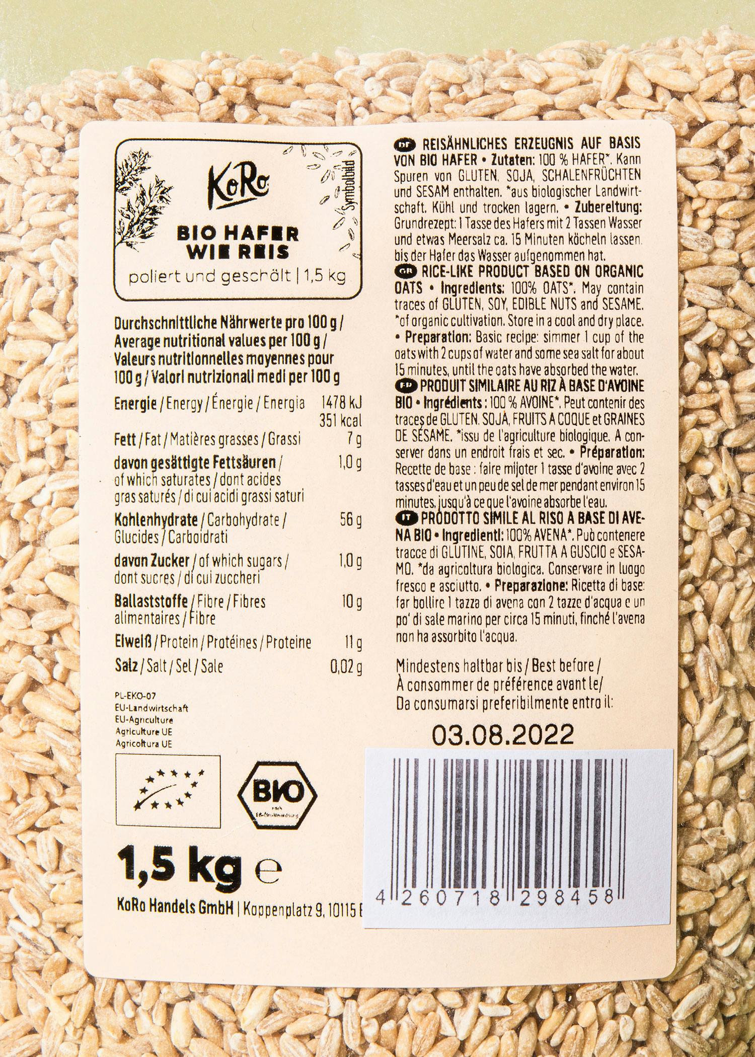 Bio Hafer wie Reis 1,5 kg