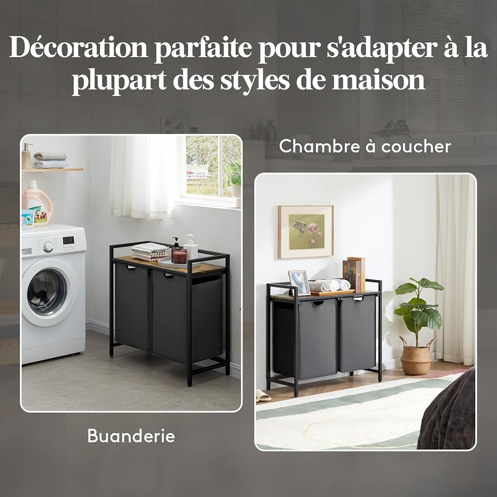 Lifewit Panier a Linge 2 Compartiments 95L, Meuble Linge Sale avec 2 Sac à Linge Sale en Tissu Oxford et Étagère en Métal, Bac à Linge pour Buanderie, Chambres, Salles de Bains, Dortoirs, Noir : Cuisine et Maison