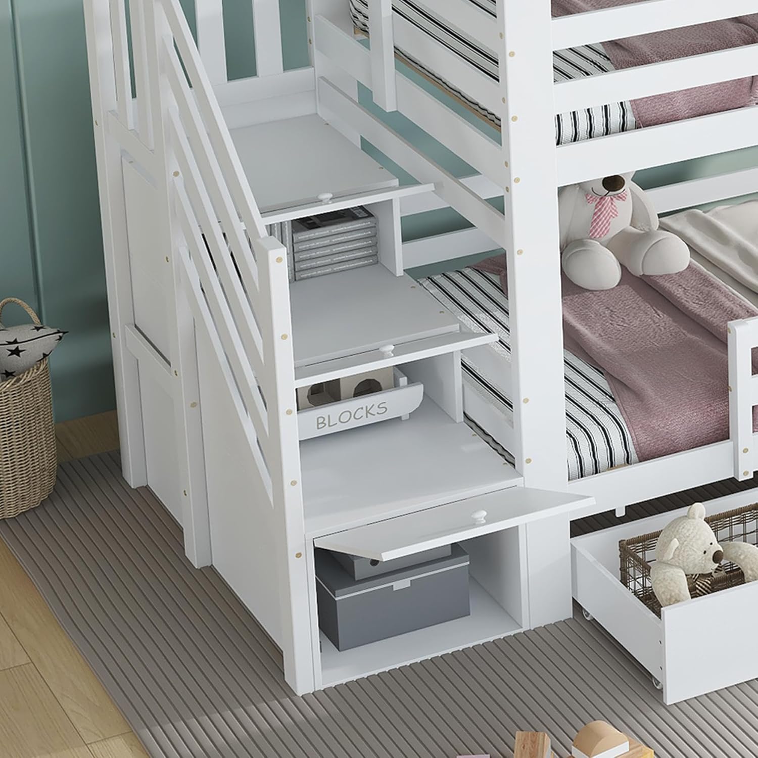 Kinderbett 90x200 cm für 2 Kinder, Etagenbett mit Stauraumtreppe, Hausbett mit Fenster und Dach, Stockbett mit 2 Schubladen, Holzbett mit Lattenrost, Weiß, ohne Matratze