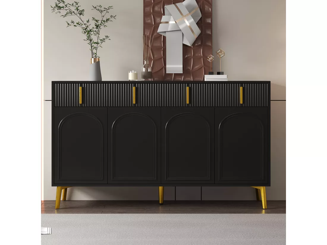 Buffet noir 4 portes 4 tiroirs avec poignées et pieds dorés 140*37,8*82cm CHADDANS