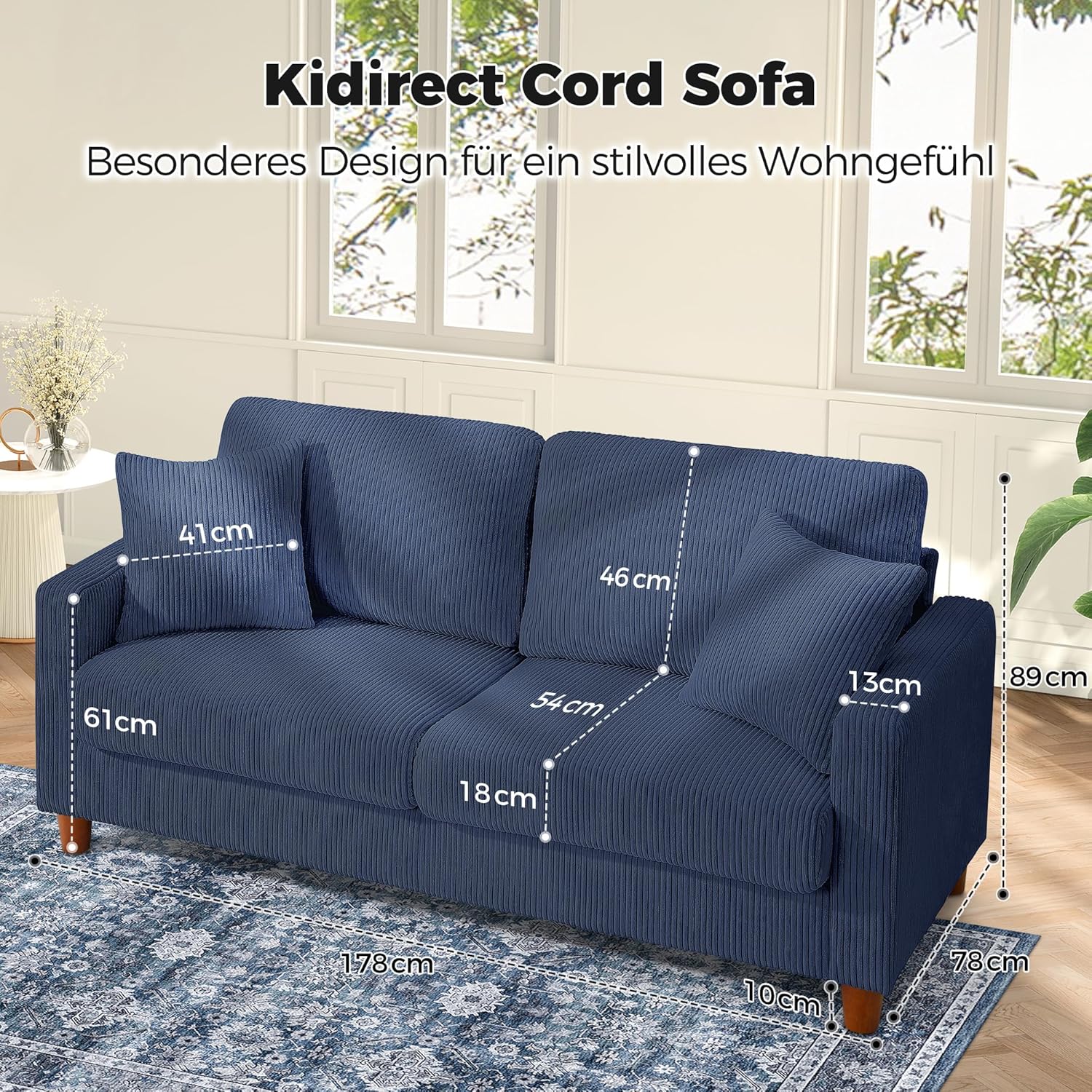 Kidirect Cord Sofa 3 Sitzer, 178CM Bequemes Couch 53CM Extra Tiefe Sitze, Sofa Wohnzimmer Werkzeugfreie Montage, Big Sofa Couch mit 2 Kissen, Modernes Couch fürs Büro, Schlafzimmer Sofas Blau