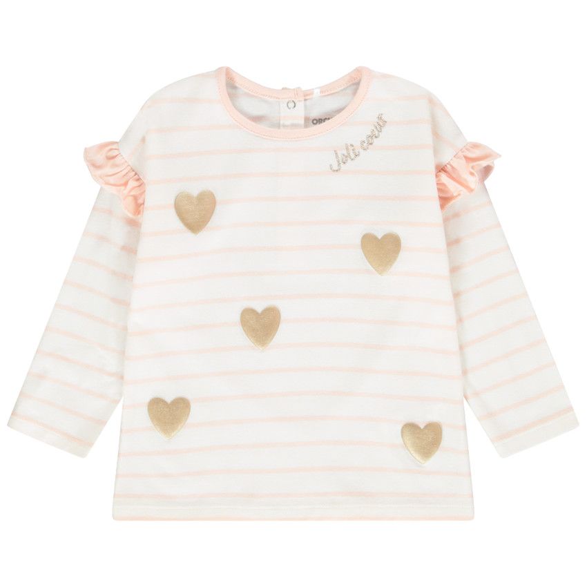 T-shirt rayé à manches longues avec broderie pour bébé fille - Rose