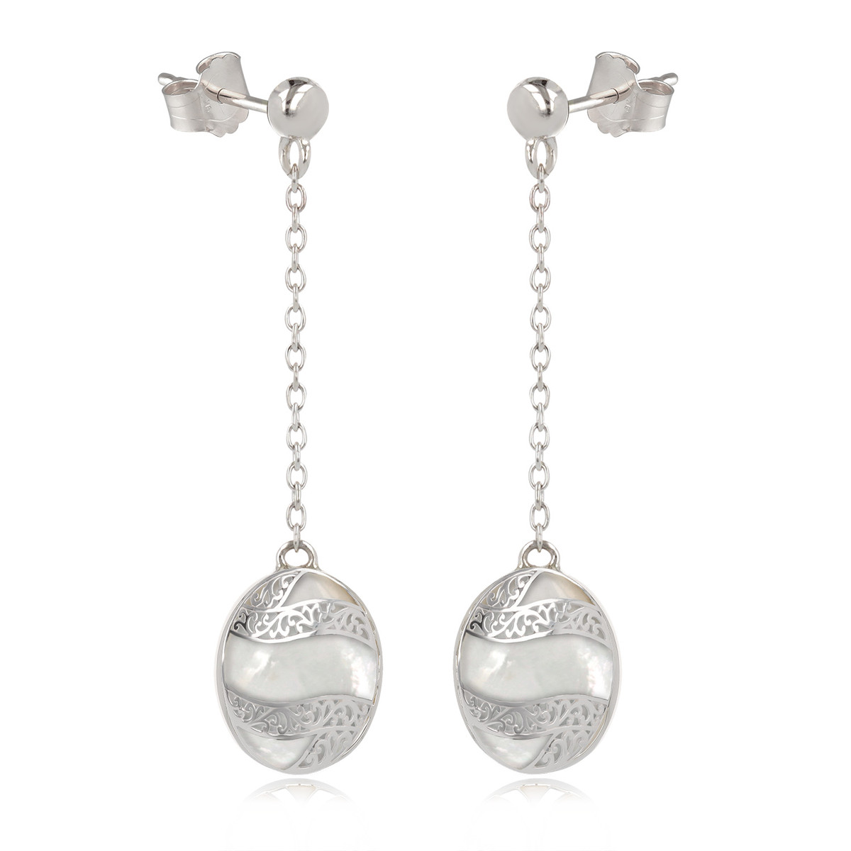 Boucles d'oreilles en Nacre Blanche sur chaîne argent rhodié