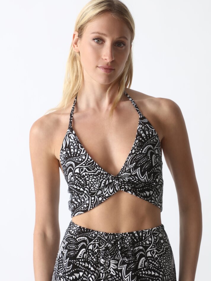 Top cropped em tecido chambray - Preto/branco