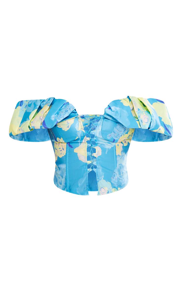 Bleu Haut Corset Baleiné À Lacets En Satin Structuré À Motif Floral Avec Fronces Extrêmes