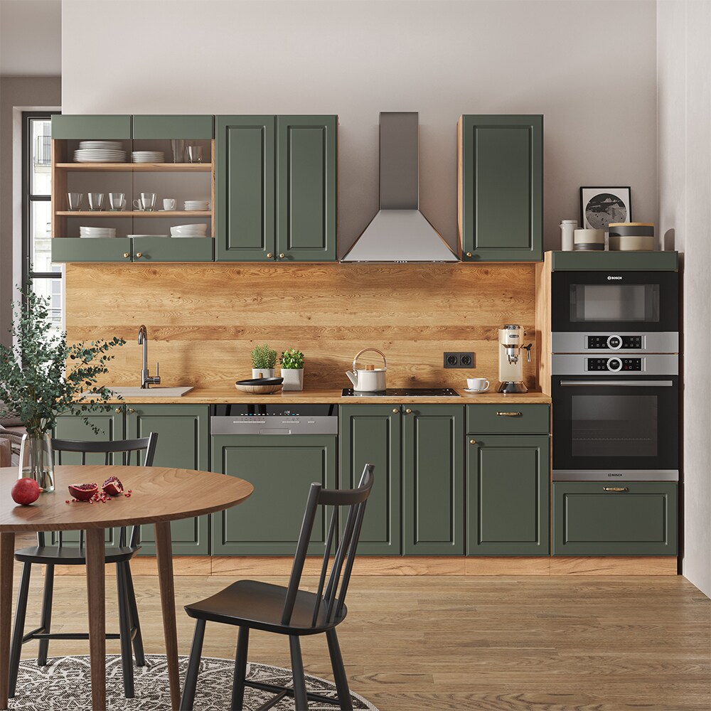 Vicco Küchenzeile Küchenblock Einbauküche Fame-Line Landhaus Eiche Grün Gold 300 cm Schubunterschrank Unterschrank Spülenunterschrank Hängeschrank Mikrowellenschrank Geschirrspülerblende