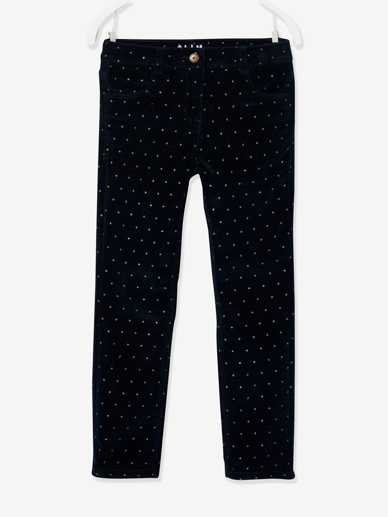 Calças de veludo cotelê slim fit da MorphologiK com bolinhas iridescentes para meninas, com modelagem ajustada no quadril e estampa verde médio.