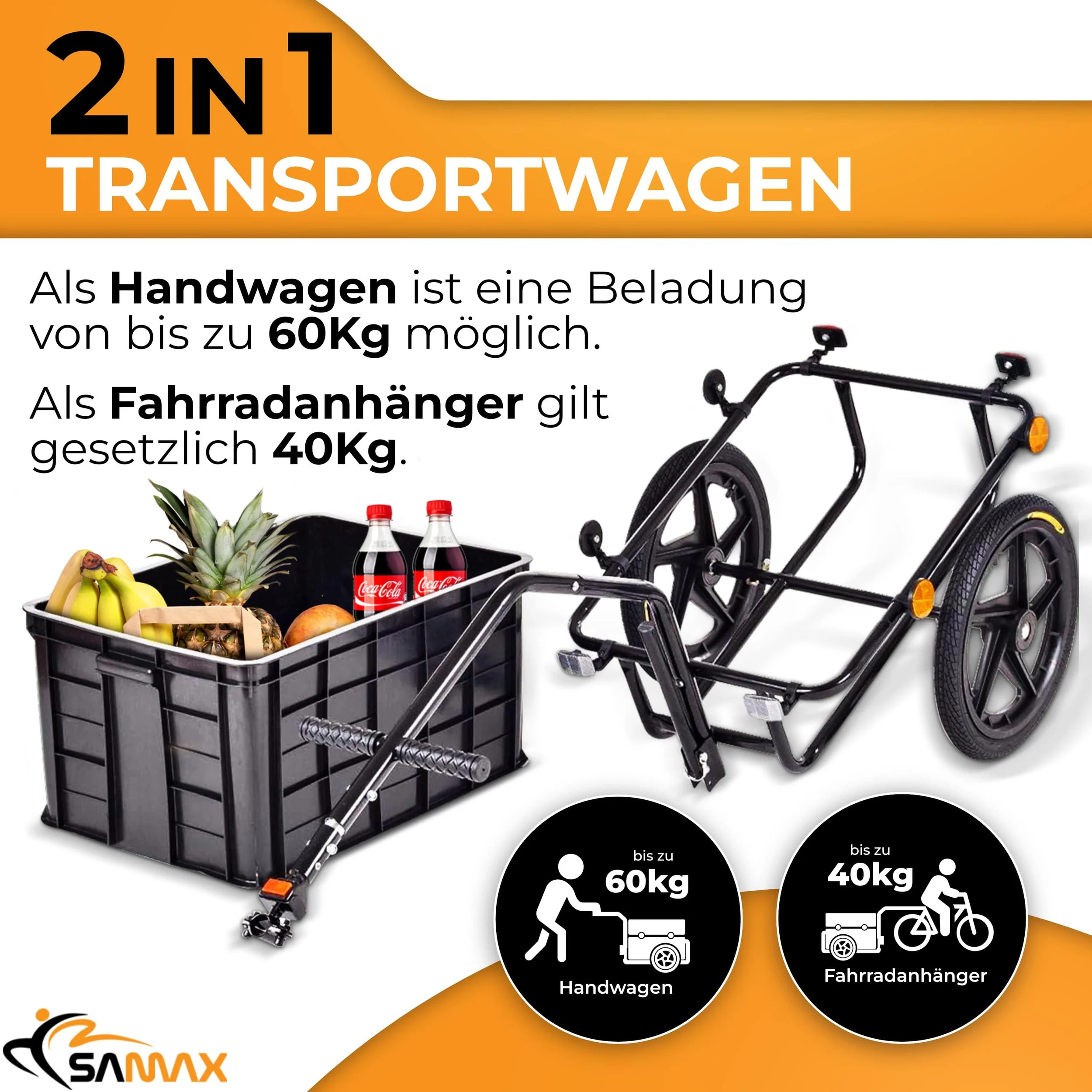 SAMAX Lastenanhänger / Fahrradanhänger für 60 Kg / 70 Liter in Schwarz