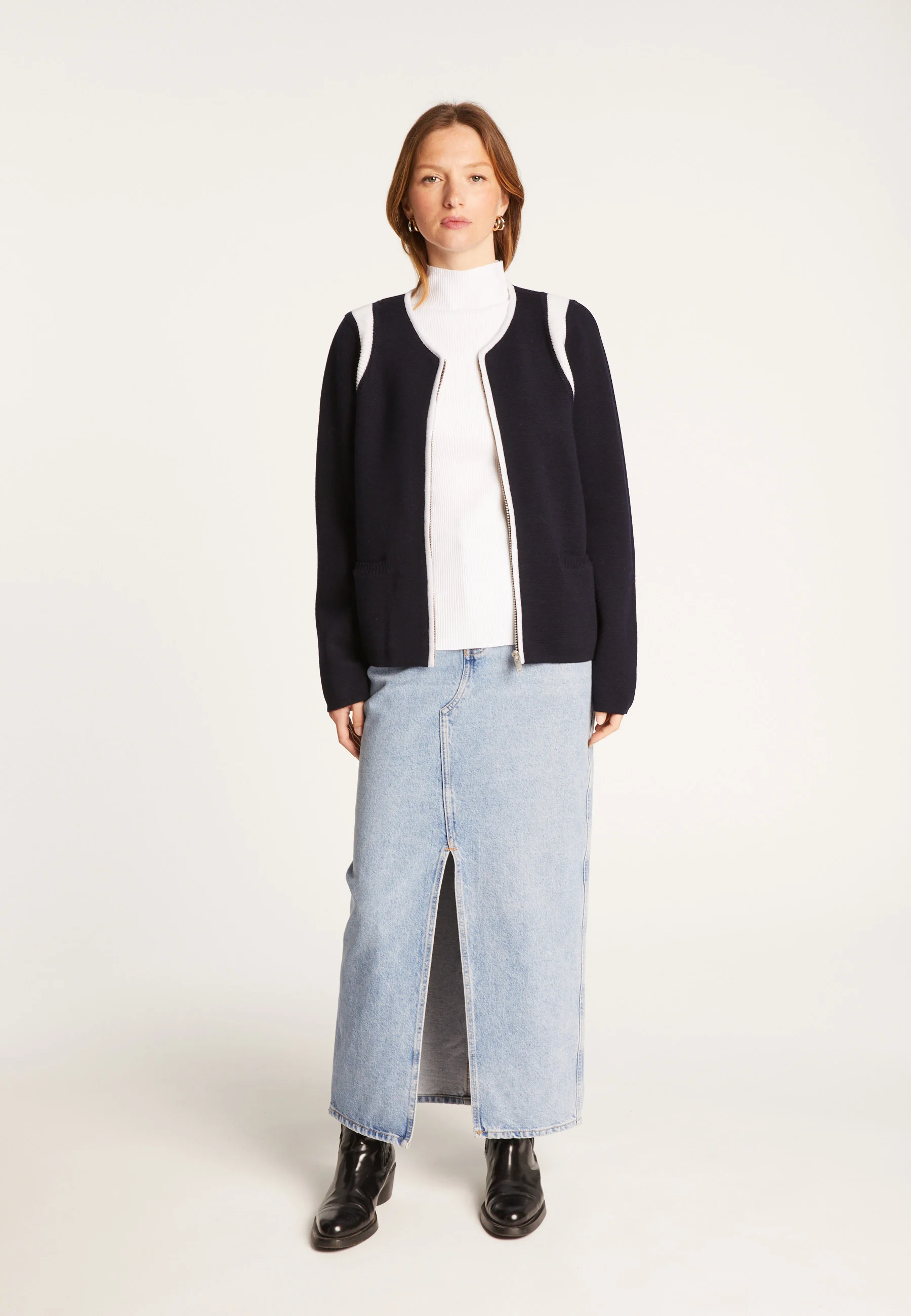 REINEAH24 - Veste zippée en laine mérinos | Bleu