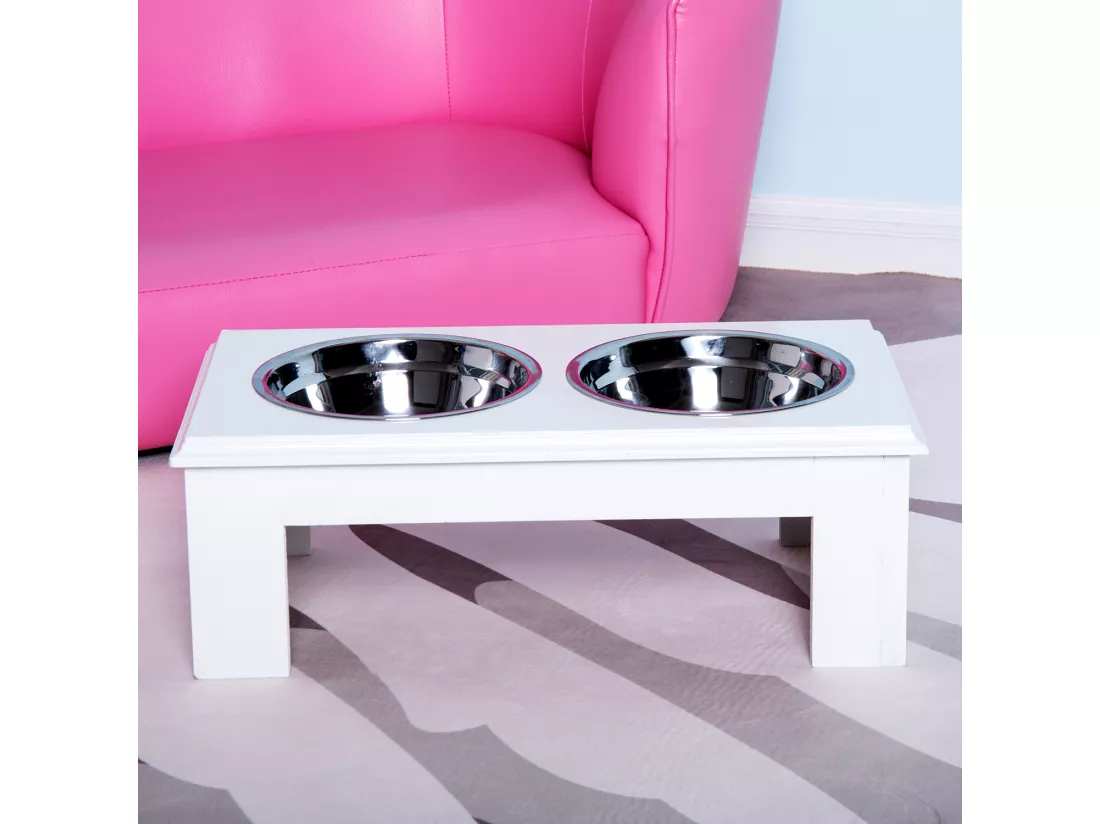 Gamelle double chien chat Porte-gamelles surélevé dim. 44L x 24l x 15H cm 2 gamelles acier inox. incluses MDF blanc