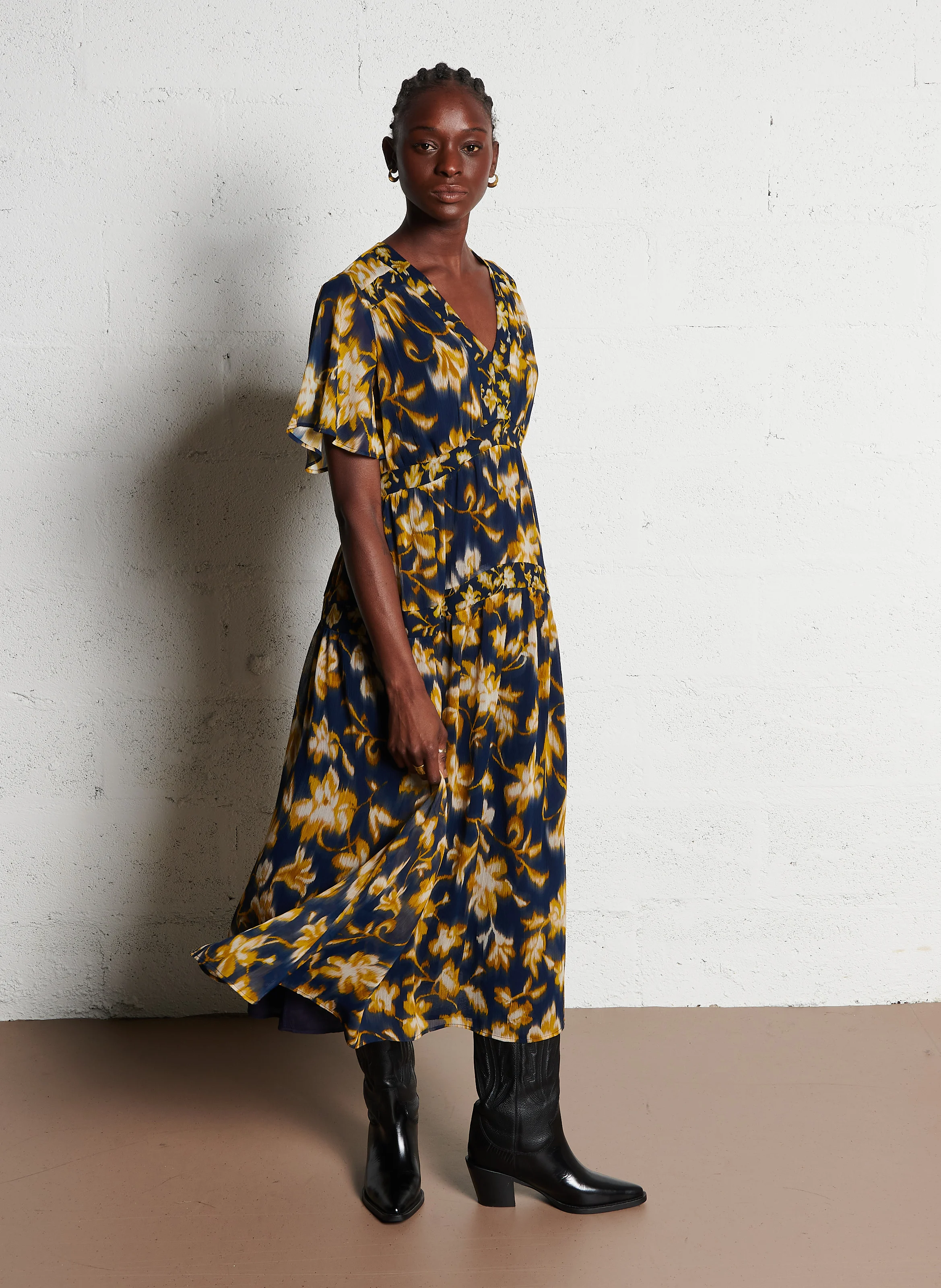 ROSILIE - Robe longue col V imprimée | Bleu