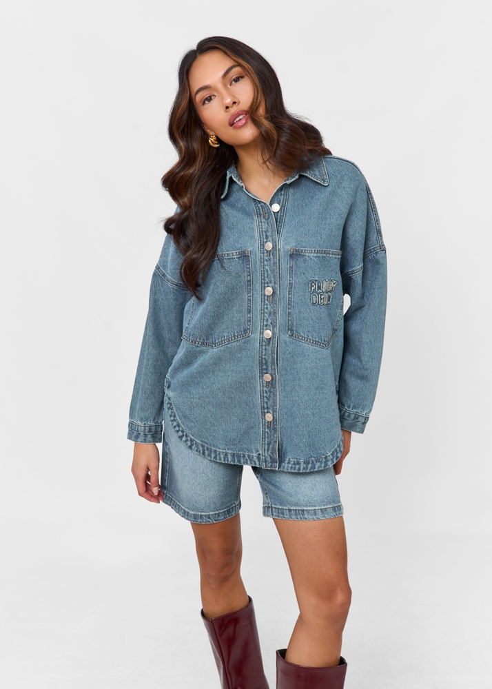 Oversized denim blouse navy blauw