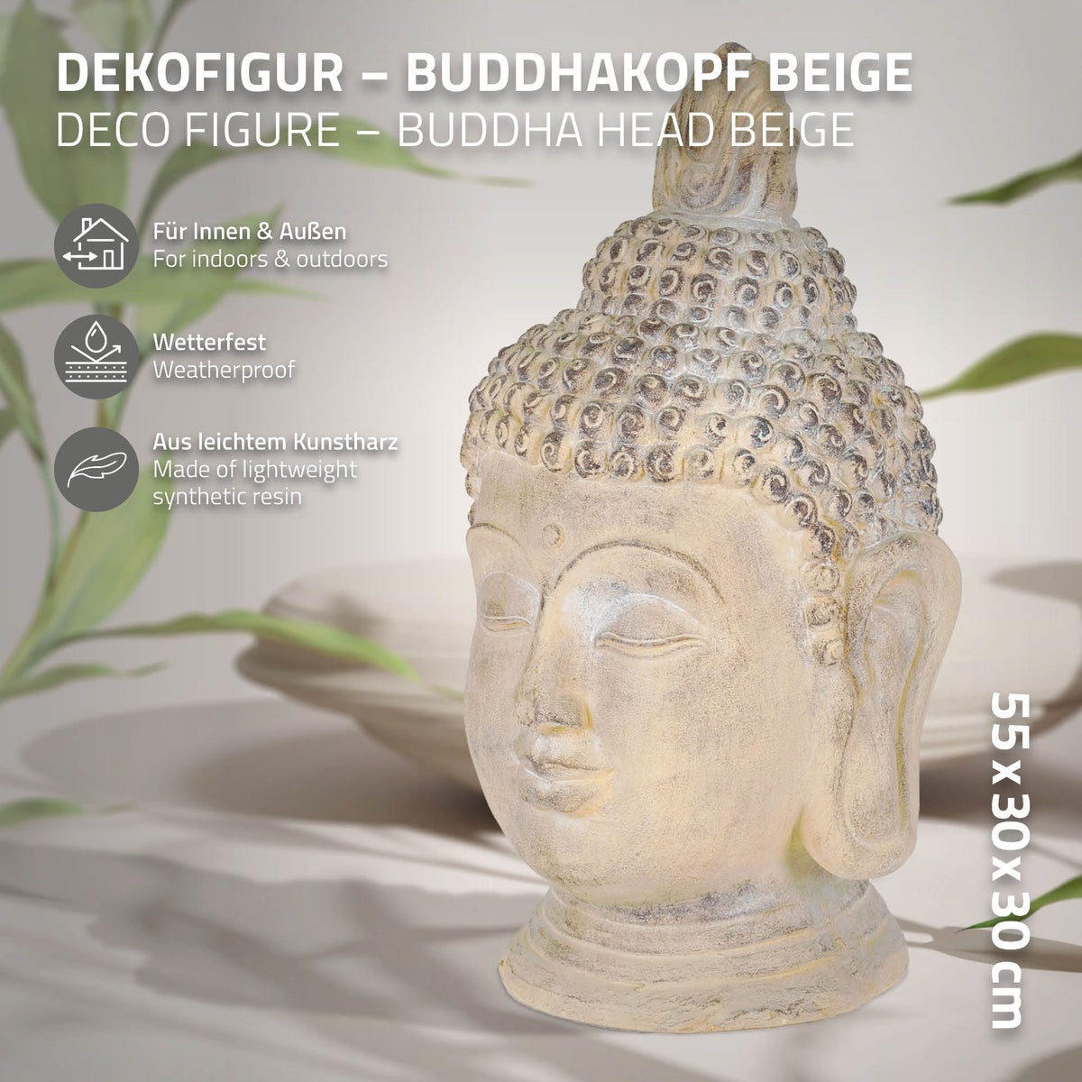 ECD Duitsland Boeddhabeeld 55 cm Beige/Grijs, Kunststeen Polyresin, Hoofdbeeld Sculptuur Decoratief Figuur Feng Shui Kunststeen Figuur Decoratief Tuinbeeld Aziatisch Decoratief Object Stenen Beeld, voor Huis en Tuin