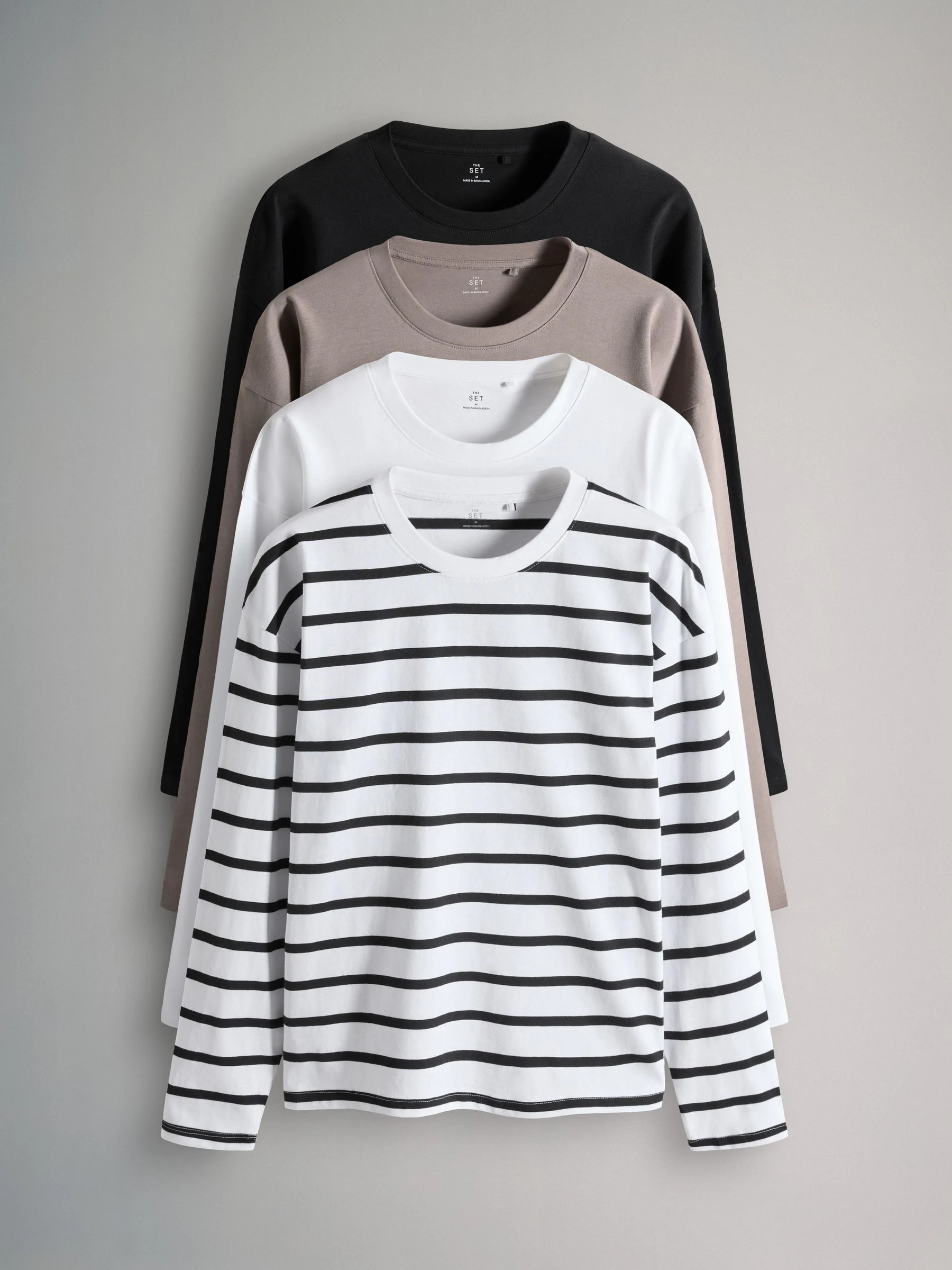 Zwart/taupe bruin/streep/wit - The Set 4 Pack Heavyweight Relaxed Long Sleeve T-Shirts