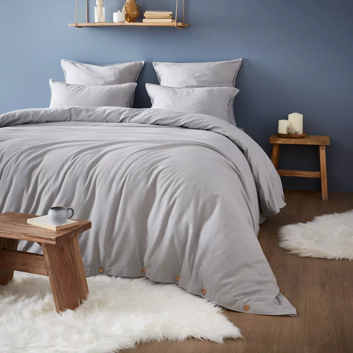 Housse de couette flanelle de coton (200 x 200 cm) Théa Gris clair