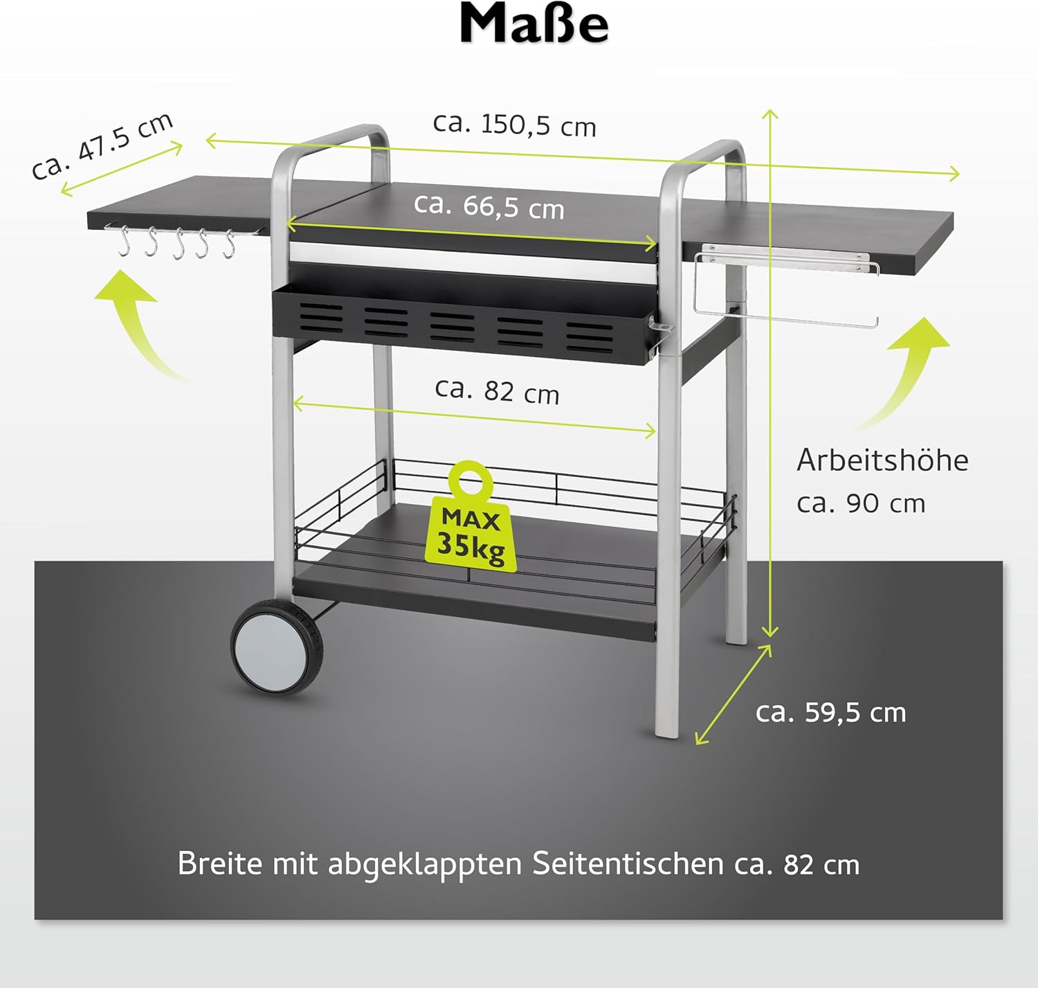 tepro Universal BBQ-Tisch, Grillwagen / Grilltisch Outdoor, Klappbar, Maße ca. 150,5 x 59,5 x 97,5 cm, Schwarz / Silber