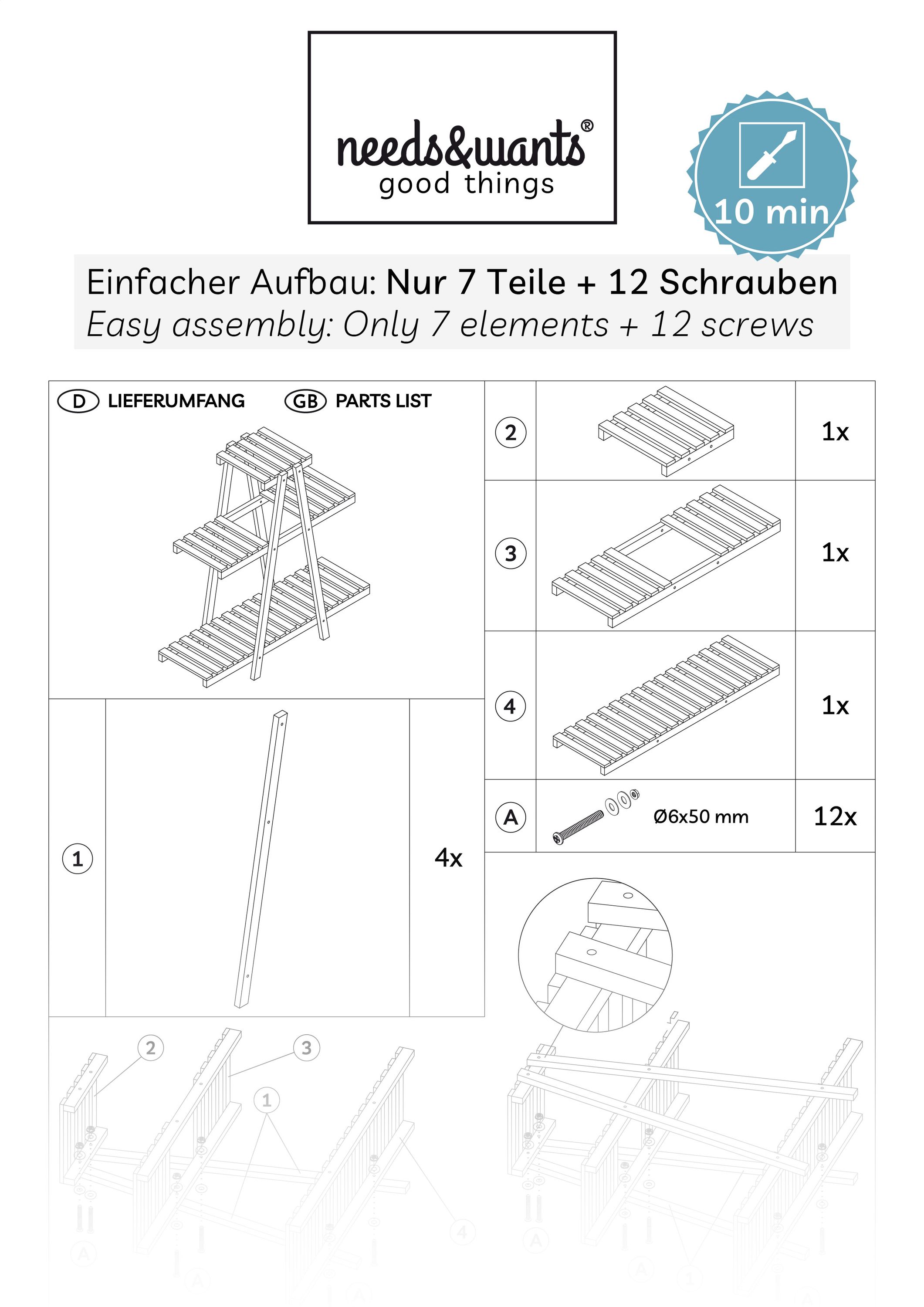 needs&wants® Pflanzenständer Blumenständer aus Holz wetterfest für Indoor Outdoor Balkon Garten draußen innen Wand, Pflanzenregal Blumentreppe, 83 x 28 x 83 cm hoch, braun