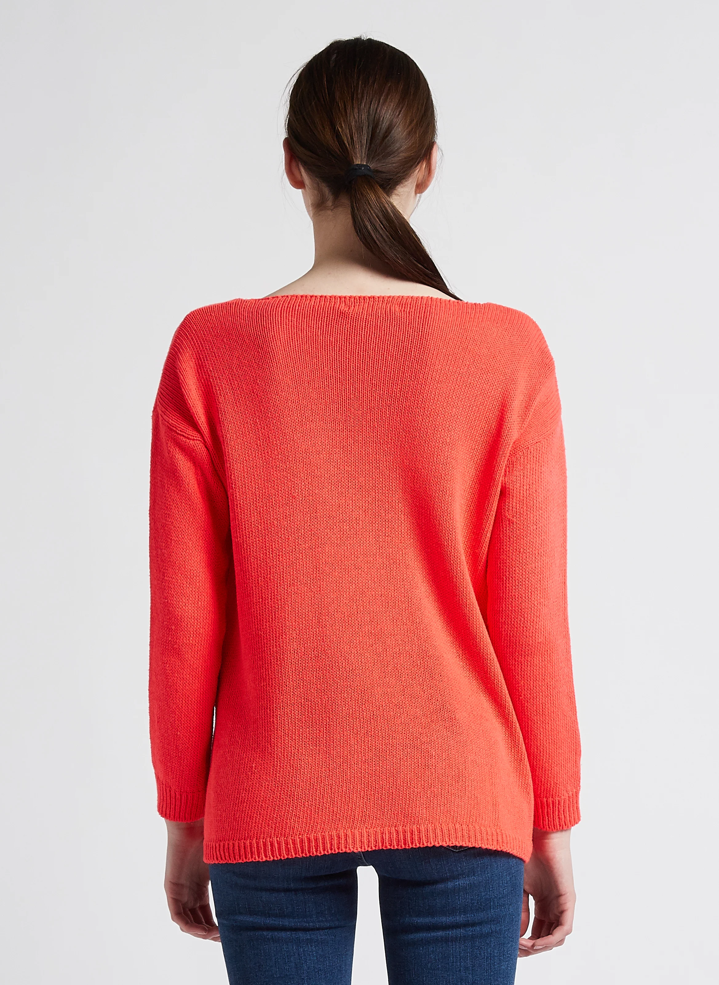 Pull en maille col V en coton mélangé| Orange