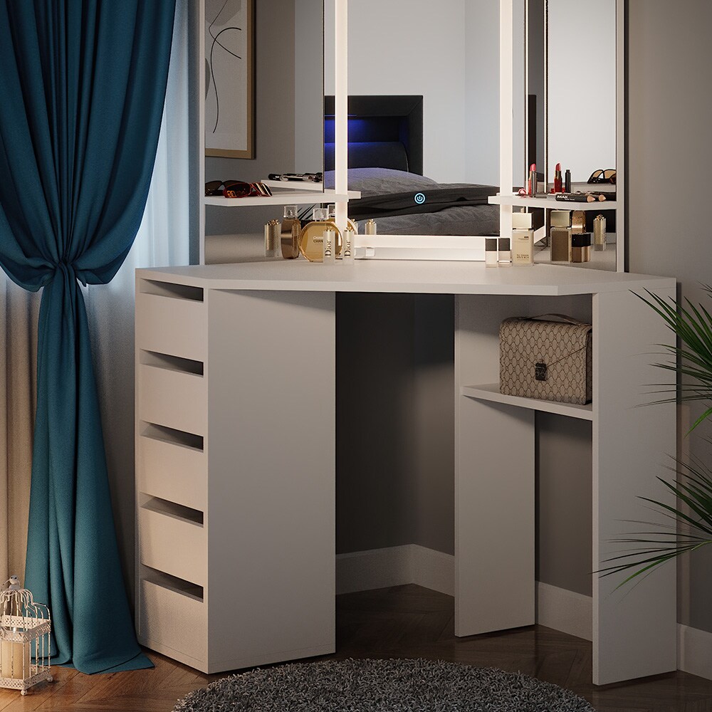 Vicco Eckschminktisch Frisiertisch Schminkkommode Arielle Weiß LED-Spiegel 111x142 cm modern Schlafzimmer Kommode Schublade Ablage Aufbewahrung Kosmetiktisch Schminkkonsole Make-Up-Tisch