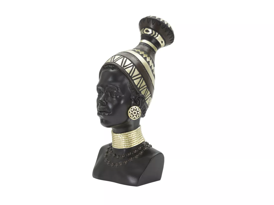 Sculpture tête de femme Masai avec coiffe et bijoux tribaux, 23x19x38,5 cm, statue en résine noire et couleurs mixtes, inspirée des traditions.