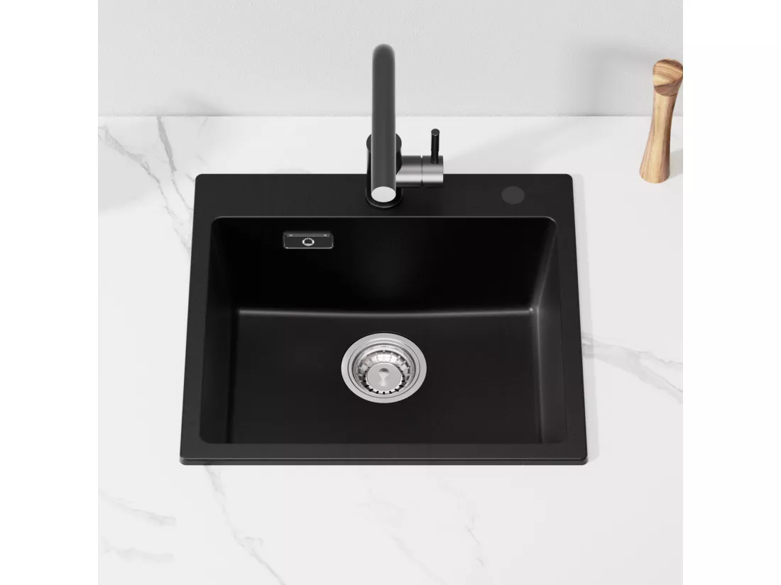 Cecipa MAX Evier 1 Bac 50x45cm Evier en Quartz et Résine Evier à Encastrer + Mitigeur Evier à 3 Voies, 2 Leviers, Noir