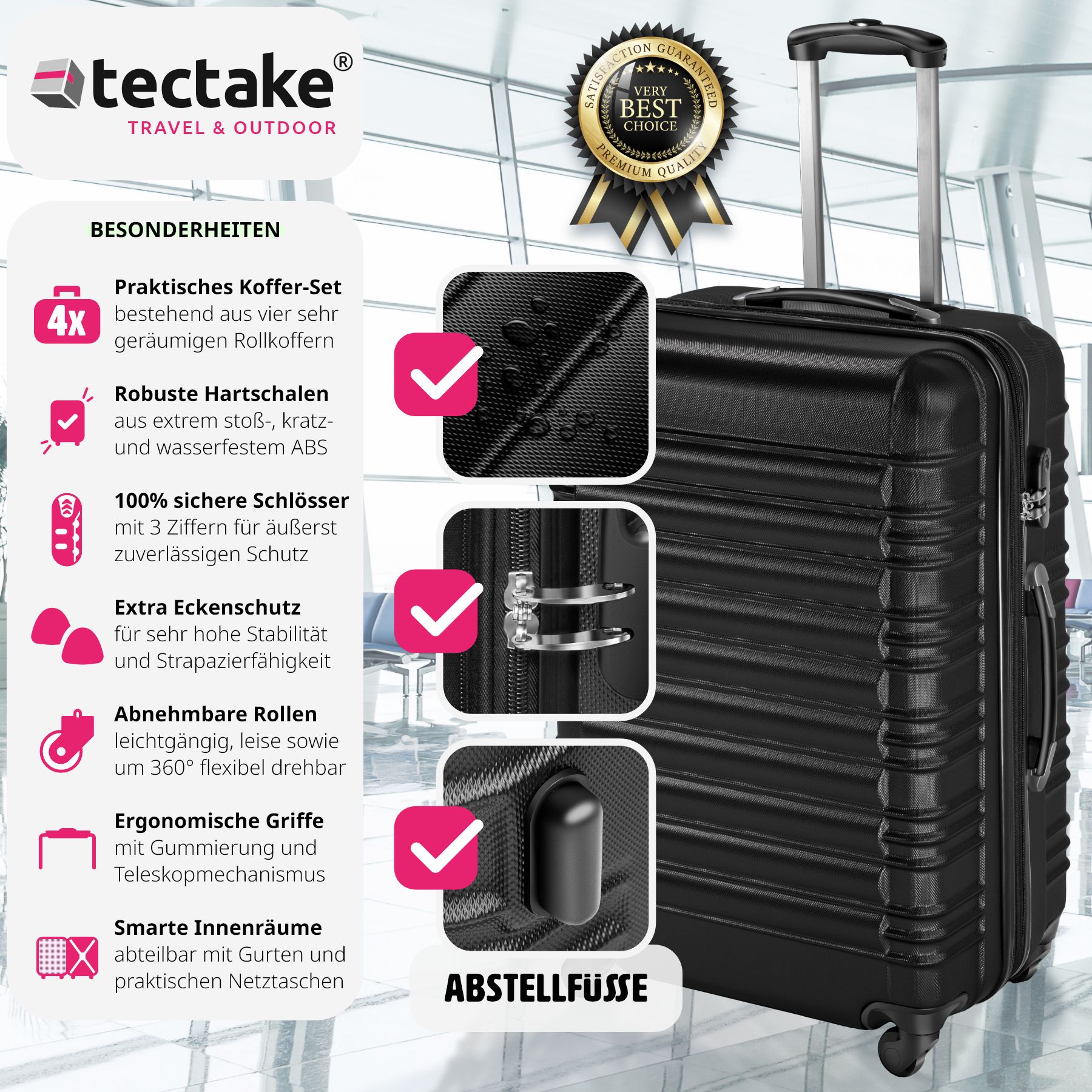 tectake® Hartschalenkoffer-Set, 4-teilig, aus robustem ABS-Kunststoff, 360° drehbare, abnehmbare Rollen, mit Sicherheits-Zahlenschloss