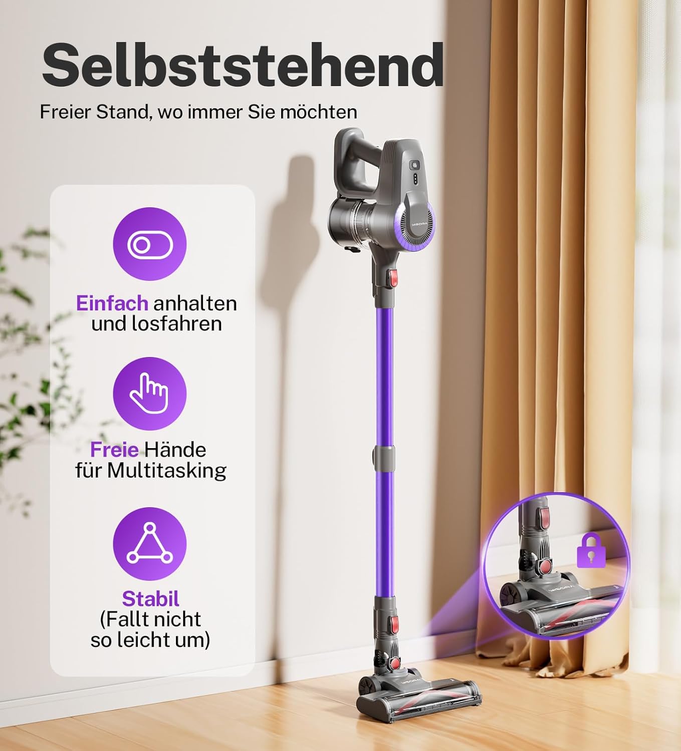 Akku Staubsauger, 28000Pa/175W/55Min Staubsauger Kabellos, Anti-Tangle-Bürste und Selbststehend, Ultraleichter Handstaubsauger akku vacuum cleaner Stielstaubsauger für Teppichen, Hartboden, Tierhaare