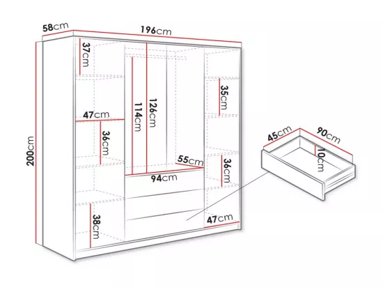 Armoire 4 portes et 3 tiroirs - Avec miroirs - L196 cm - Noir - LIZANDRO