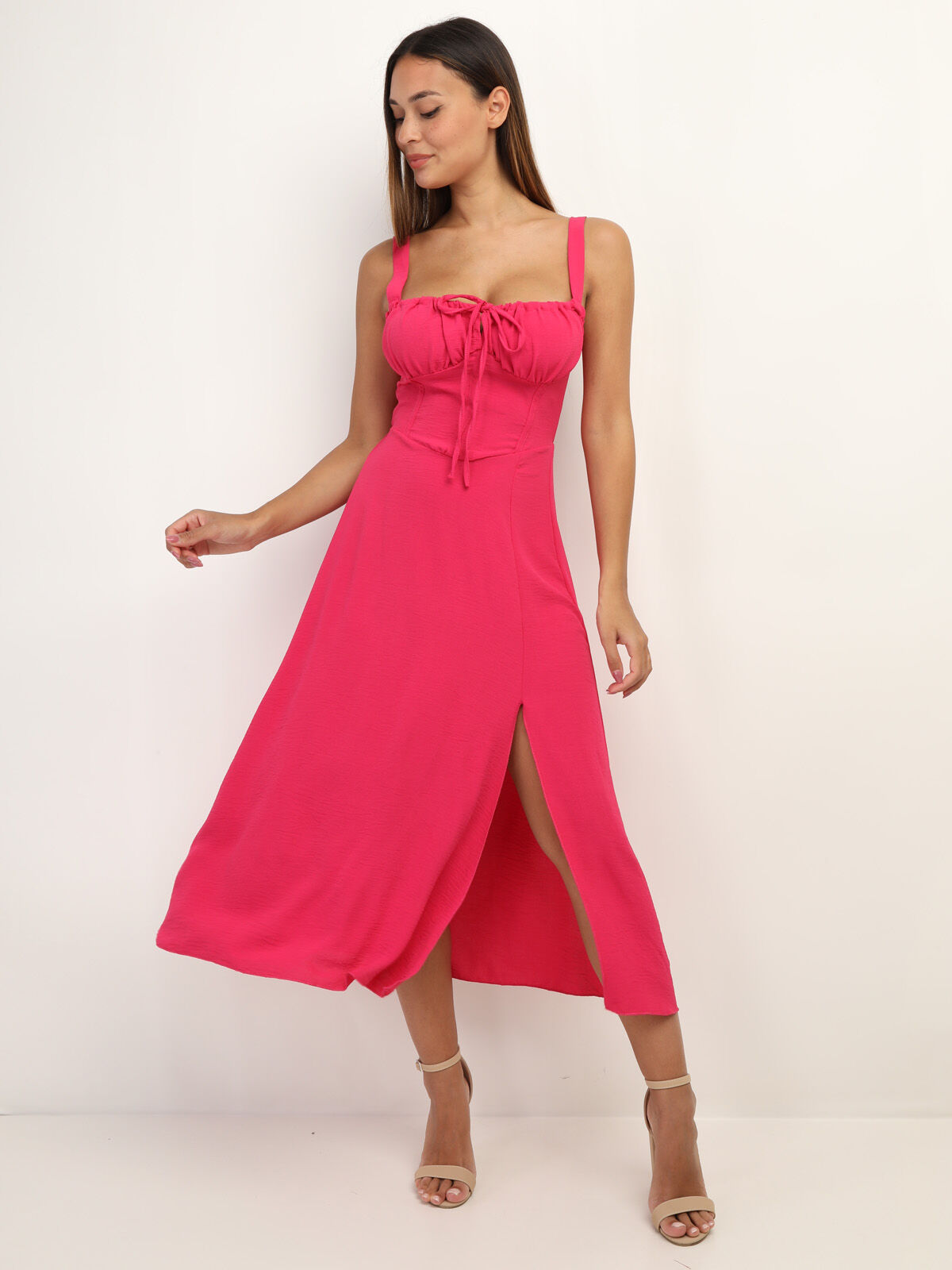 Robe corset mi-longue à fente- Fuchsia