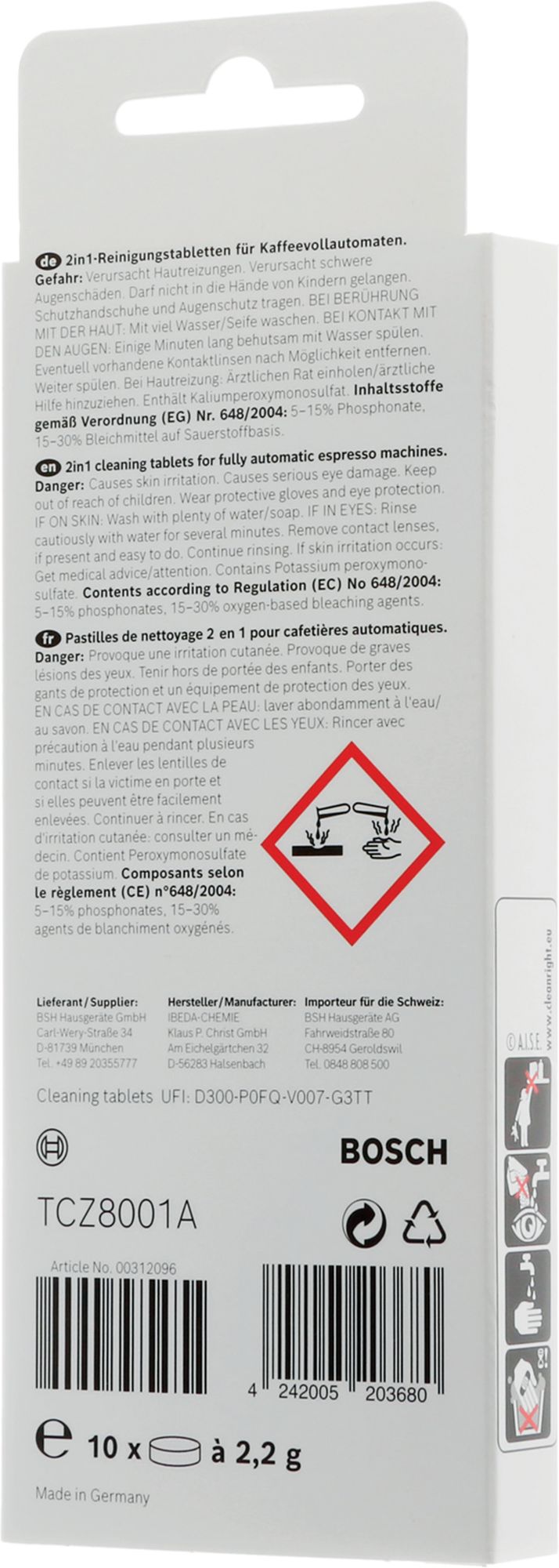 Pastilhas de detergente para limpeza de máquinas de café Bosch (10 x 2,2 g) 00312096TCZ8001A